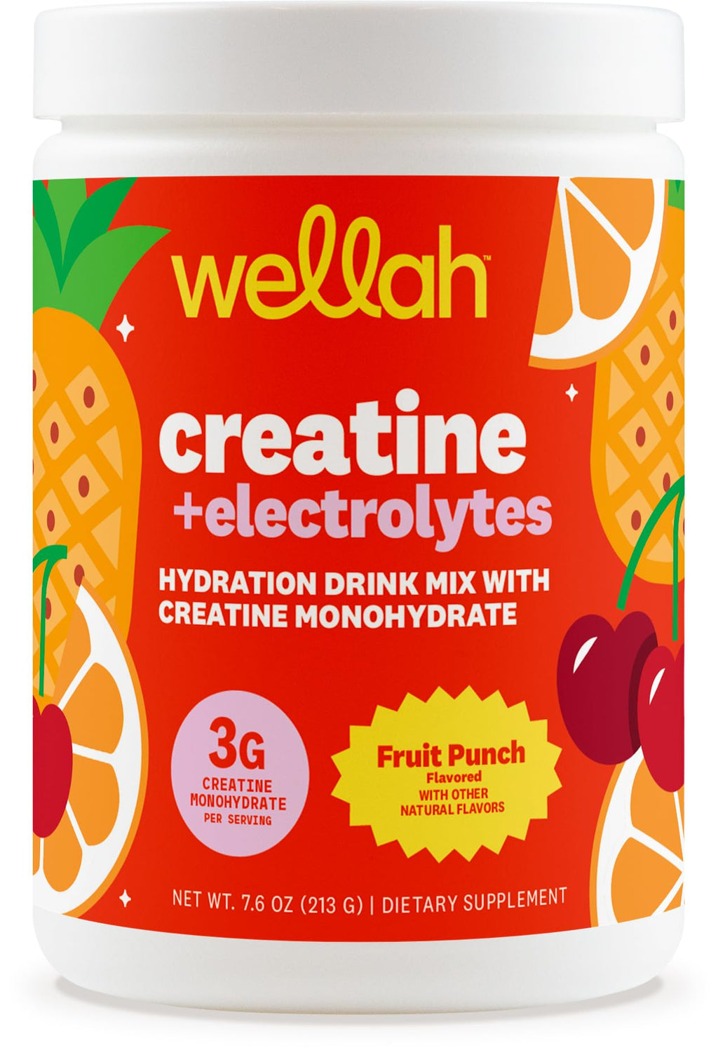 Wellah Creatine + Electrolytes Powder (Fruit Punch) 30 Servings - Hydration Drink Mix with 3g of Creatine Monohydrate