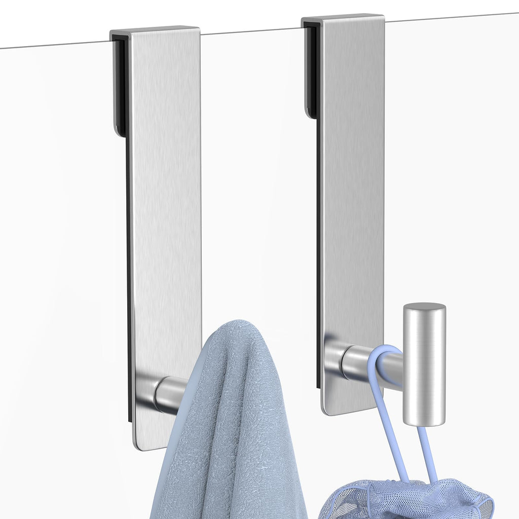 HUFEEOH Shower Towel Hooks, 7.5-Inch Extended Over Glass Shower Door Hanger for Towels & Robes, Rustproof Bathroom Towel Rack, 2-Pack (Silver, T Shape)