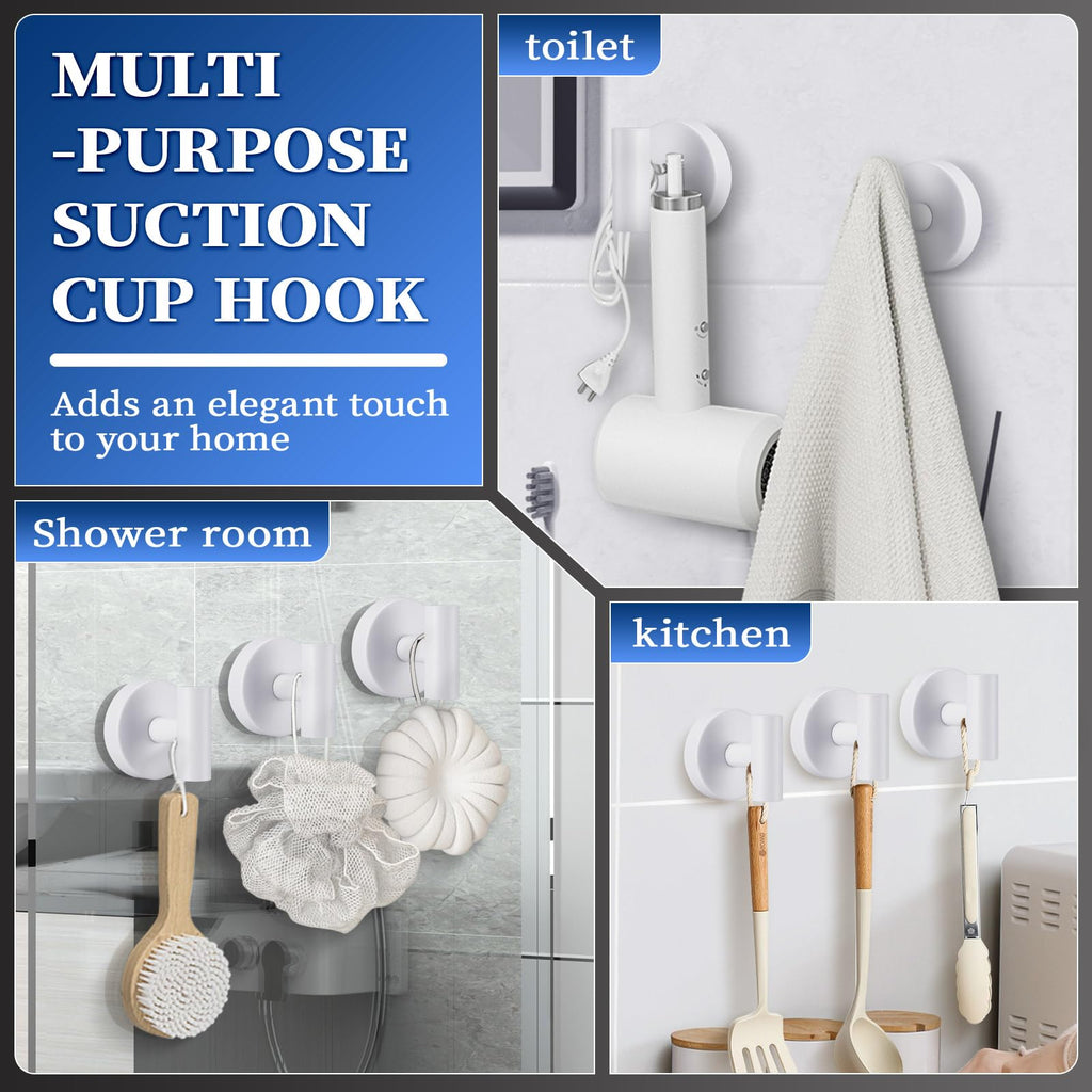 warlve Heavy Duty Reusable Suction Cup Hooks for Shower - No Drill Bathroom/Glass/Mirror/Tiles & Metal Surfaces,and Smooth Non-Porous Surfaces for Towels, Robes, Loofahs (4, White)