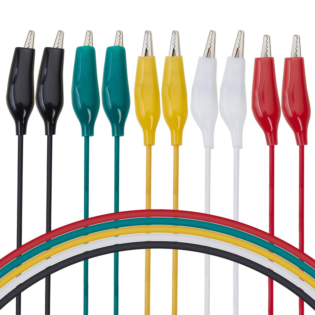 WG-026 10-Piece Test Lead Set with Alligator Clips, 22 AWG, 20.5-Inch, 5 Colors Copper Wire Soldered and Stamped Alligator Clips，Testing Probes, Crocodile Jumper Wires Cable for Electrical Testing