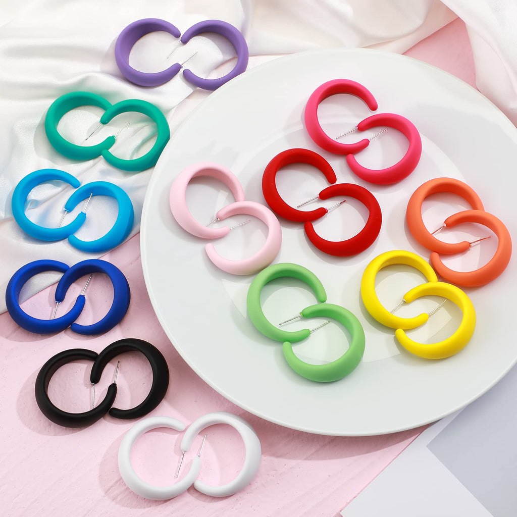 MTLEE 12 Pairs 80s 90s Neon Earrings 1.57 Inch Acrylic Matte Colorful Hoop Earrings for 80s Outfit Glow Party Accessories(Stylish Style,Rainbow Color)