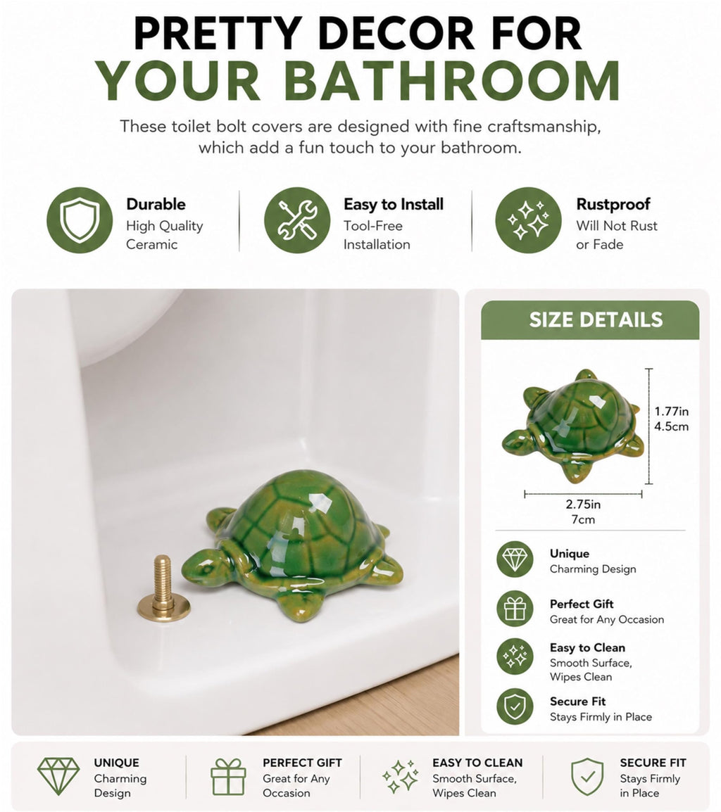 WANSHUNLMI Green Sea Turtle Toilet Floor Bolt Caps, Ceramic Sea Turtle Toilet Bolt Covers, Cute Bathroom Decor, Easy Installation and Universal Fit, Don't Cut Those Bolts! (Green Sea Turtle)