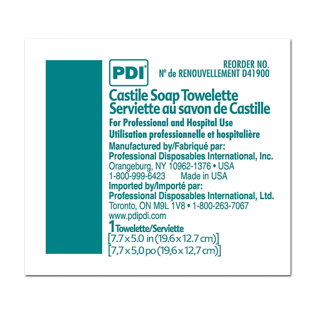 PDI Castile Soap Towelette - Premoistened Facial Cleansing Wipe with Coconut Oil, Great for Travel - Individual Packet, 7.7 in. x 5in., 100 Count, 3 Packs, 300 Total