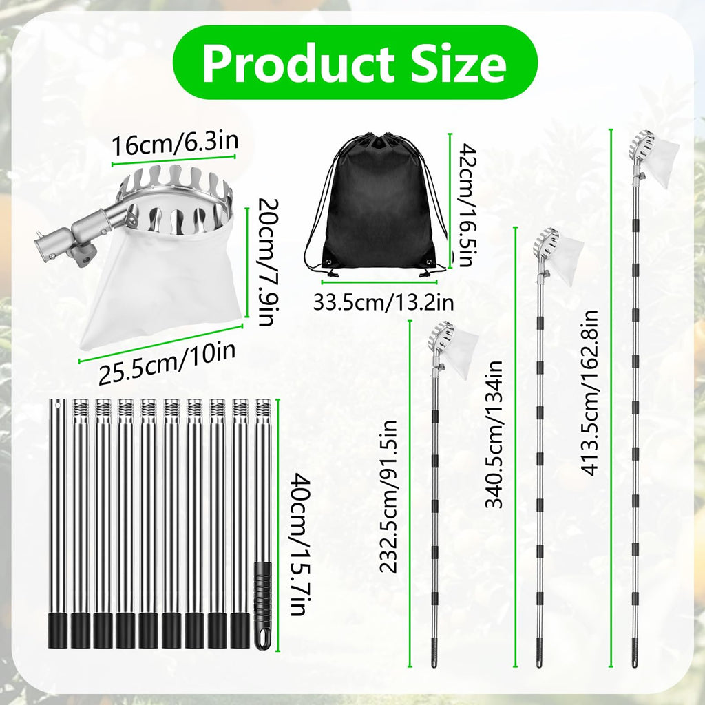 Dreamtop Fruit Picker Pole with Rotatable Basket Telescoping - 13 FT Adjustable Pole with Soft Bag, Lightweight Stainless Steel Fruit Picking Tool for Cherry, Apple, Mango, Orange, Avocado Tree Picker