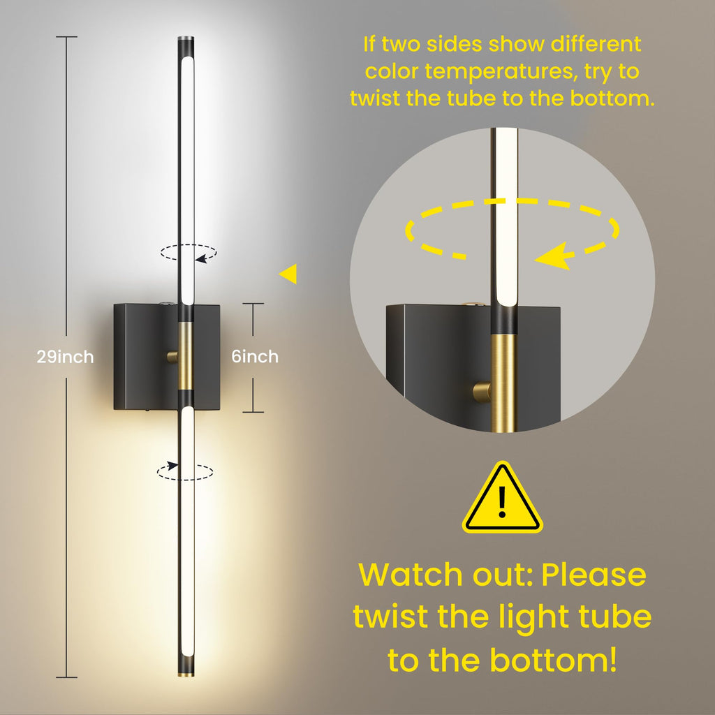 Battery Operated Wall Sconces Set of Two, 10000mAh Rechargeable Wall Lights with Remote Control, 360° Rotate Dimmable Black Gold LED Cordless Lighting for Bedroom, Living Room, Hallway, 29 Inch, 3CCT