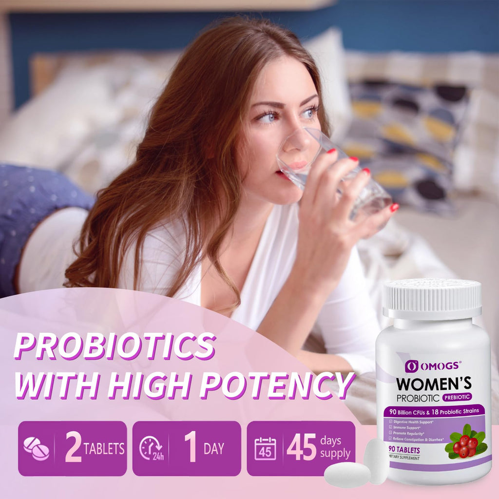 OMOGS 2PCS Women's Probiotic, with Cranberry Extract, Organic Prebiotics & Vitamin C, 90 Billion CFUs,18 Strains, Help for Boost Immune, Digestive, Gut Health & Women's Health,180 Tablets