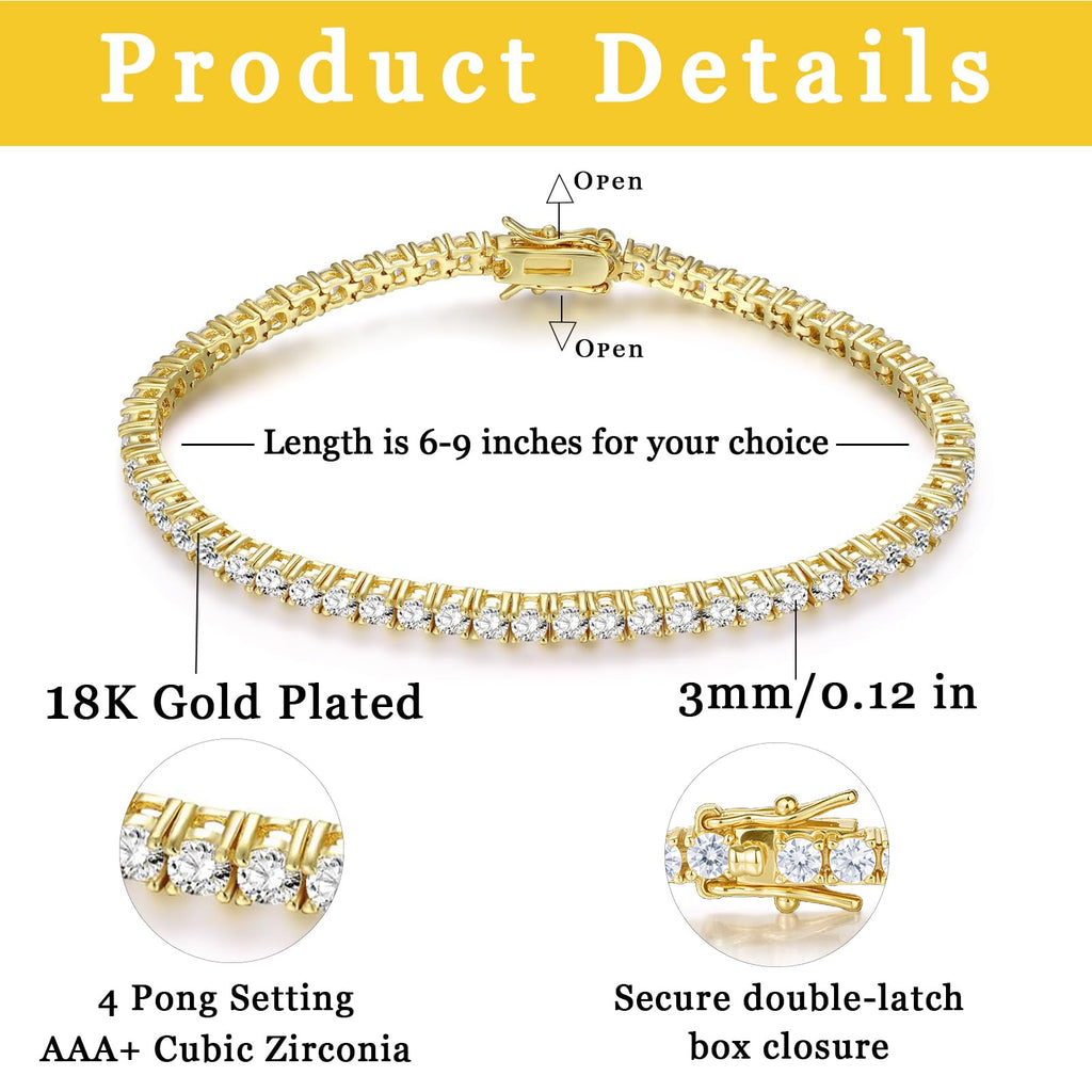Gemsme 3mm Tennis Bracelet Cubic Zirconia Gold for Women Men 7.5"