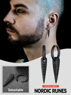 FaithHeart Viking Runes Spike Dangle Huggie Hoop Earrings for Men Black