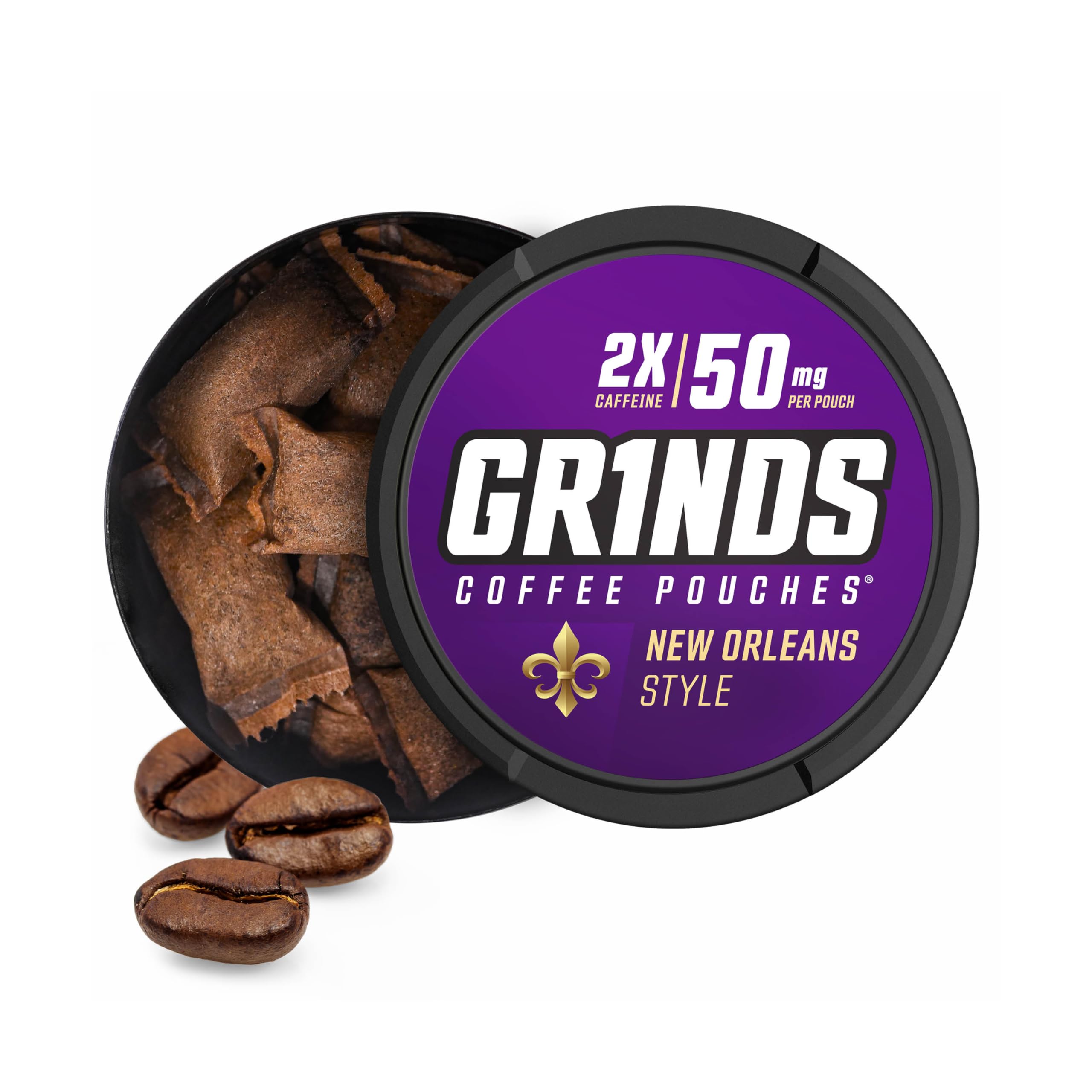 GRINDS Coffee Pouches | 6 Cans of New Orleans | Made in The USA | Tobacco Free, Nicotine Free | 18 Pouches Per Can | 2X Caffeine 1 Pouch eq. 1/2 Cup of Coffee (New Orleans)
