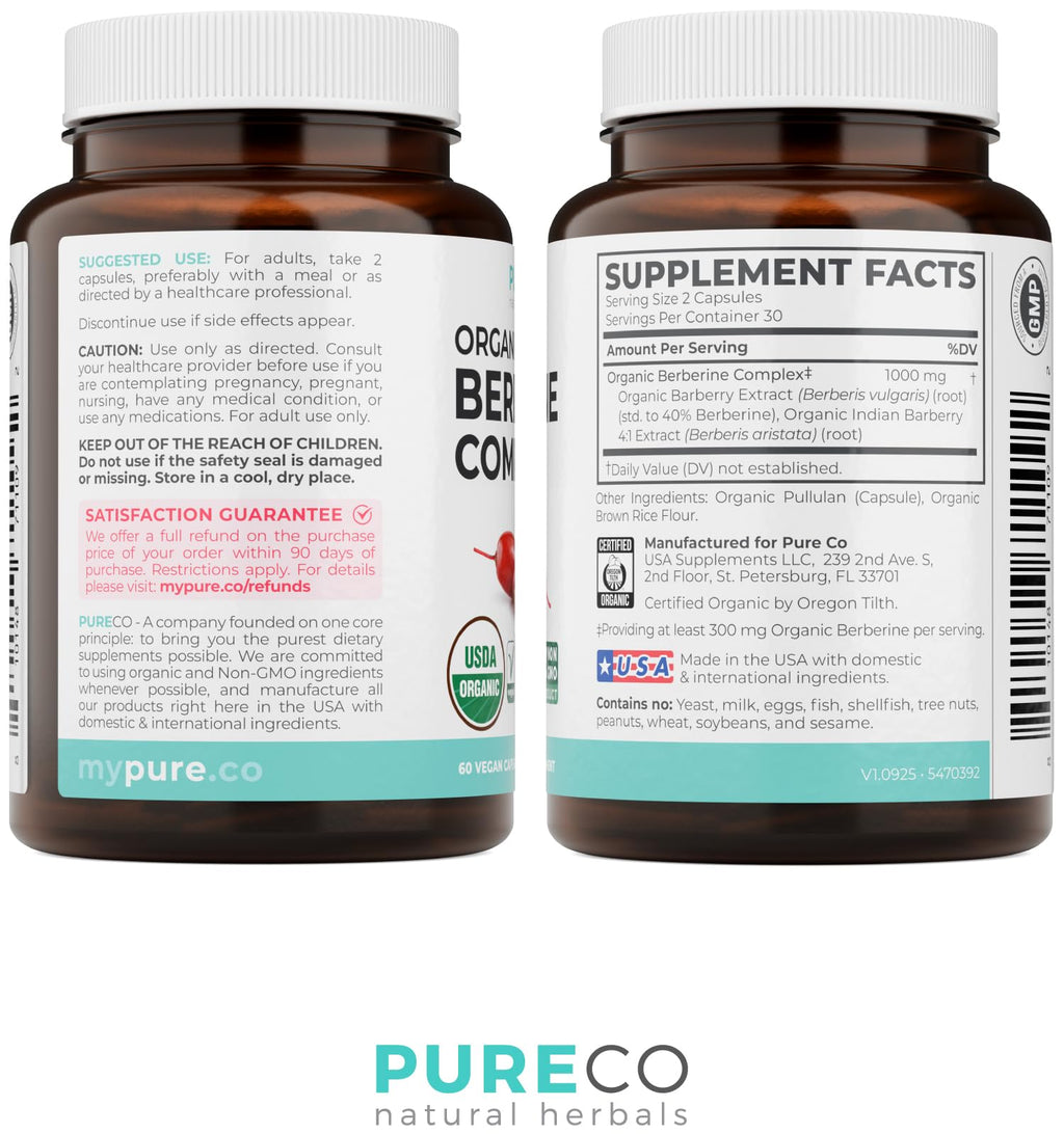 PURE CO Certified Organic Berberine Supplement Capsules - High Strength Berberine Complex with Organic Barberry Extract Providing 1000mg per Serving - NSF Lab Verified Vegan & Non-GMO (30 Servings)
