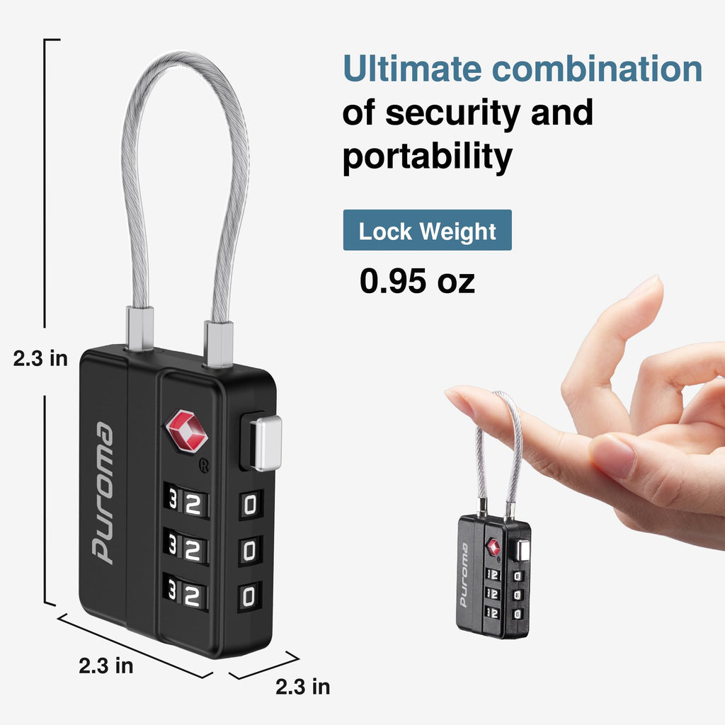 Puroma TSA Locks for Luggage, 4 Pack Cable Lightweight Luggage Locks TSA Approved 4-Digit Combination Padlock for Suitcases, Bags, Toolboxes, Backpacks & Gym Lockers (Black)