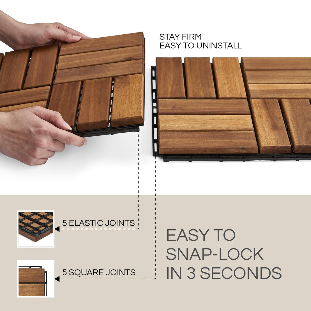 THYOI Premium Deck Tiles, Patio Flooring - Set 10 Pcs 12”x12”x0.9” Interlocking Deck Tiles, Waterproof Acacia Wood for Balcony, Backyard, Indoor & Outdoor (Golden Teak, Crossed Pattern, Square Joints)