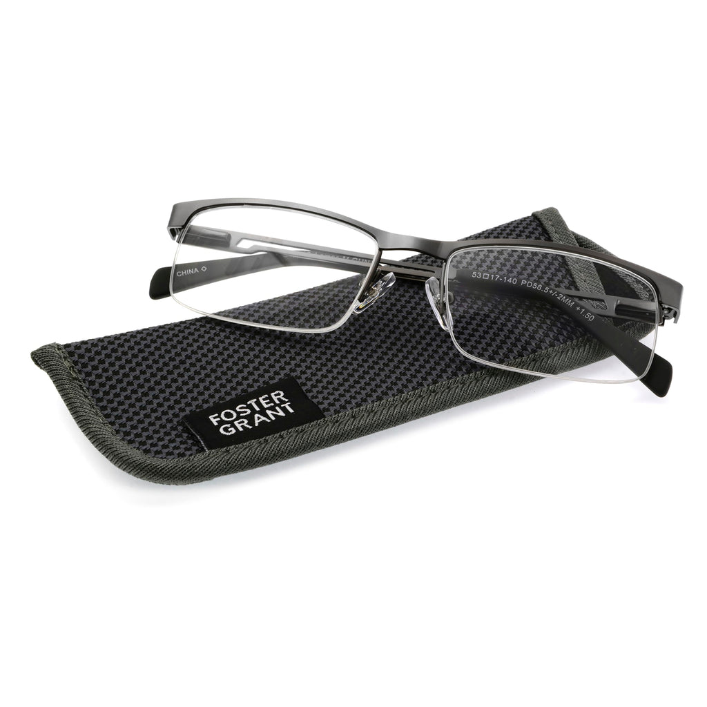 Foster Grant Men's Lamar Rectangular Reading Glasses, Gunmetal/Transparent, 59 mm