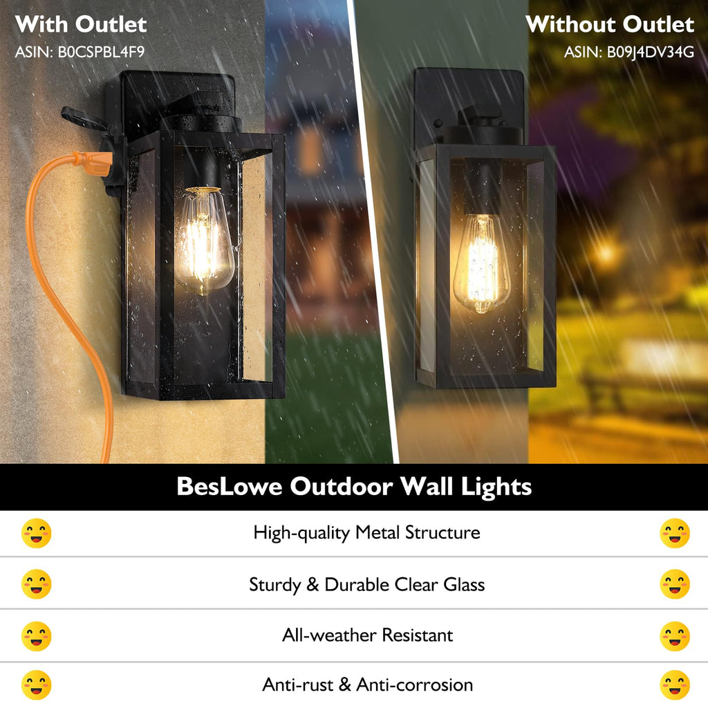 BesLowe 2-Pack Porch Lights Outdoor with UL Certified Outlet, Modern Outdoor Wall Lights Exterior Lighting Fixtures Waterproof, Exterior Wall Sconces Outside Lights for House Front Door Garage, Black