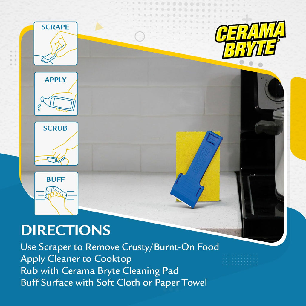 Cerama Bryte 3 x Scraper & 3 x Pad Kit Cooktop and Stove Top Cleaner for Glass - Ceramic Surfaces, 6 Piece Set