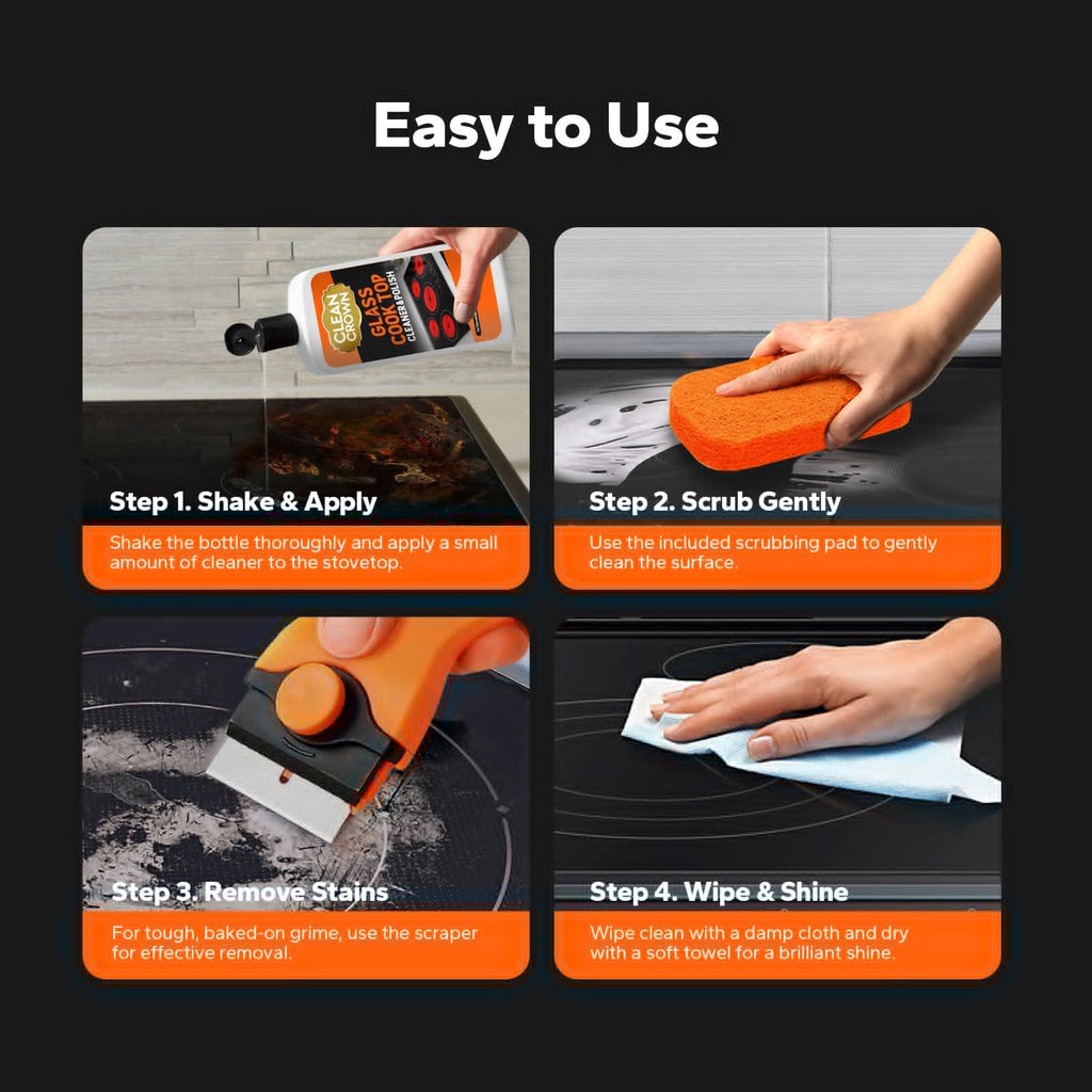 CleanCrown 3-in-1 Cooktop Cleaner Kit (19 Oz Cooktop Cleaner + Scrubbing Pad + Scraper), Stovetop Cleaner for Electric Top Stoves, Ceramic Cooktops & Fireplace Glass, Remove Burned on Food, Grease