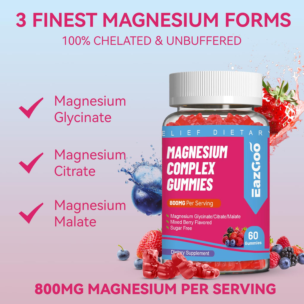 EAZGOO Magnesium Gummies 800mg - Vitamin D3, C, B6, B12 & Zinc Complex with Magnesium Glycinate, Citrate & Malate, Magnesium Complex Gummies for Muscle, Mood & Energy, Vegan 120 Counts
