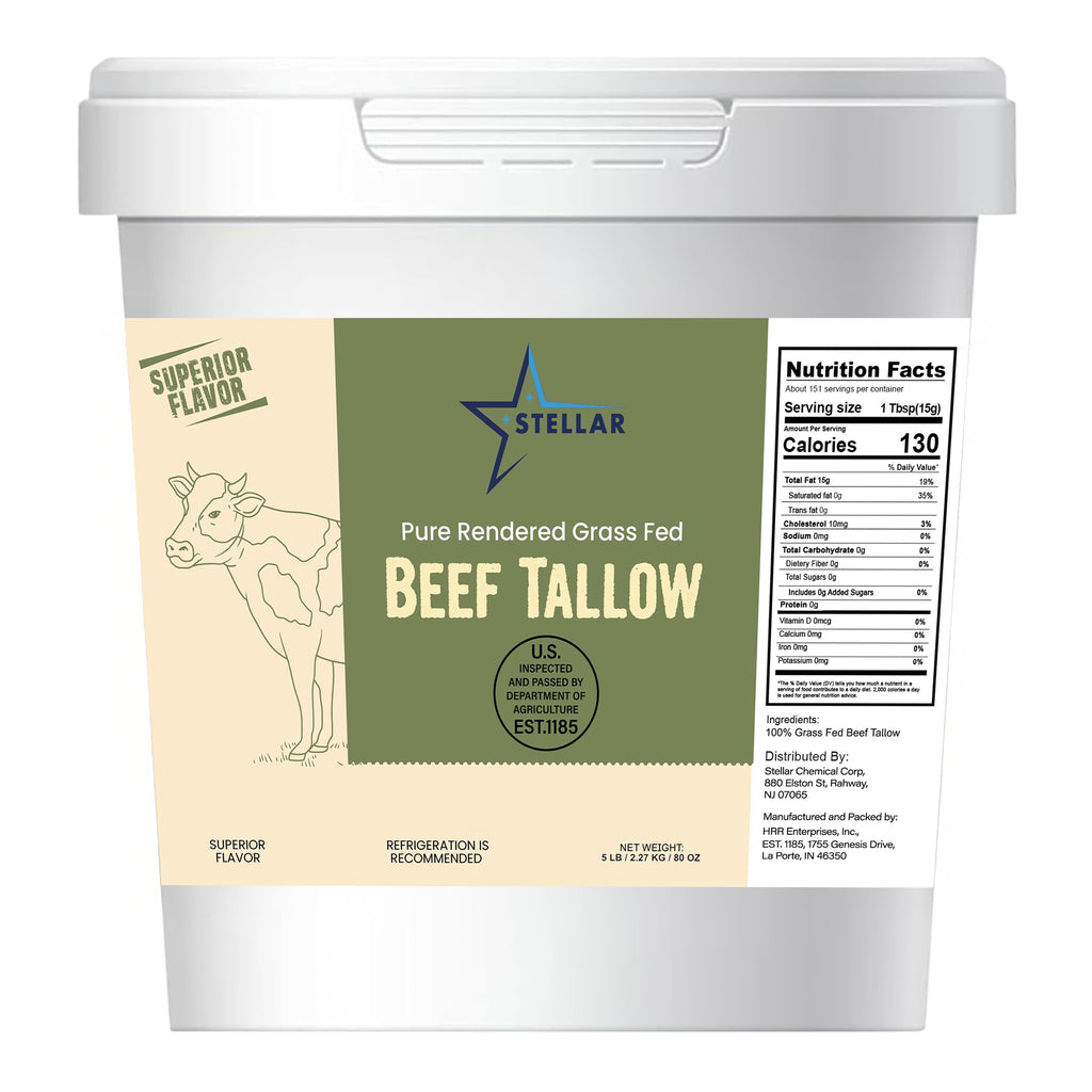 Stellar Beef Tallow 100% Grass-Fed & Finished - Good for Cooking, Baking and Frying - Food Grade (5 lb)