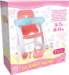 JC Toys - Doll High Chair | Fits Dolls up to 17" | Easy to Clean | Simple Assembly | 7 Piece Play Set| Ages 2+, Pink/Blue