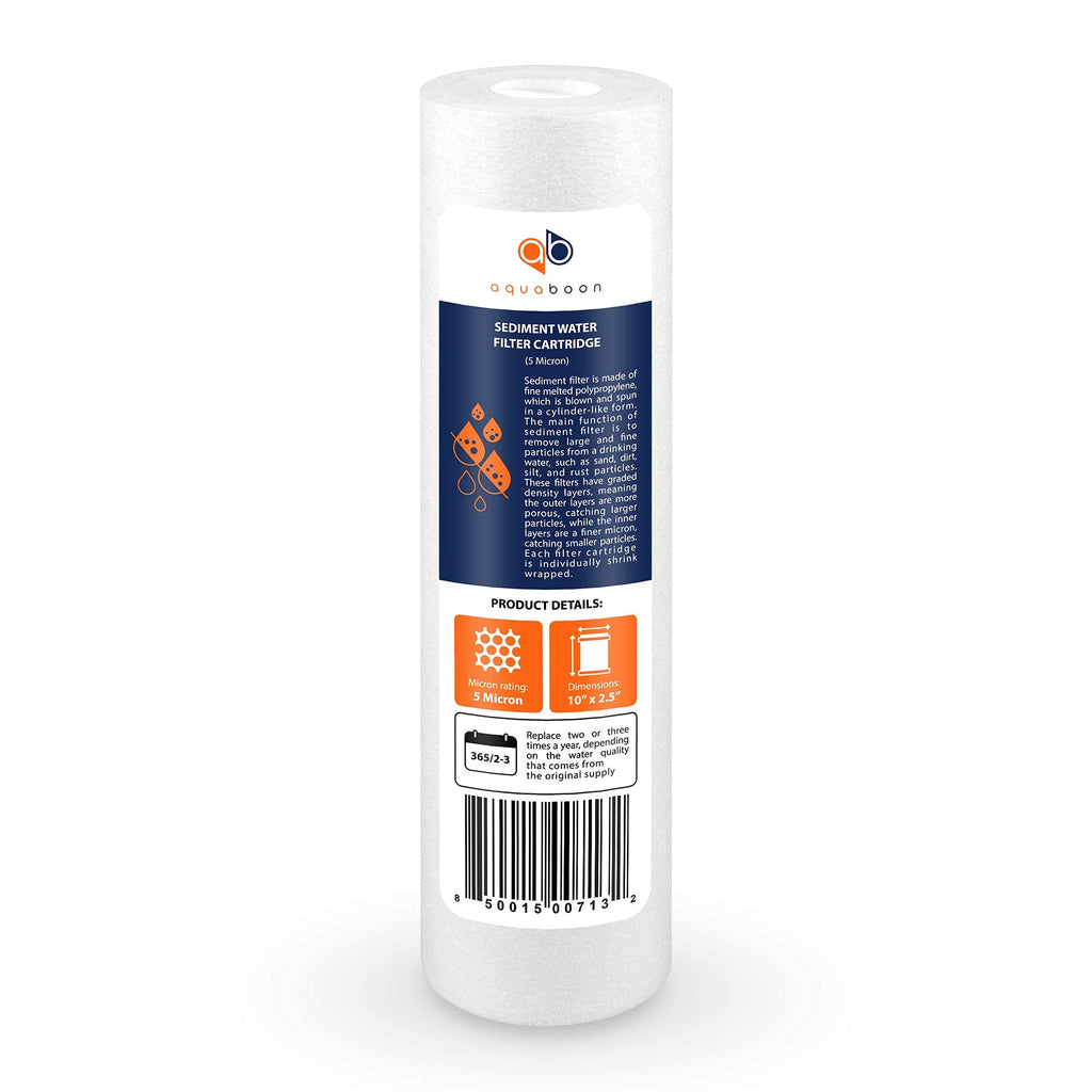 Aquaboon 5 Micron 10 x 2.5 Sediment Filter - Whole House Water Filter Replacement Compatible with Well Water Filters - P5, AP110, WHKF-GD05, 6 Pack