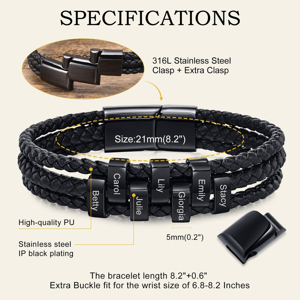 VNOX Personalized Name Dad Bracelet Giftsfor Men,Braid Leather Bracelets with 7 Custom Beads Name Bracelet for Husband Father Grandpa, Birthday Father's Day for Dad from Daughter Wife Son