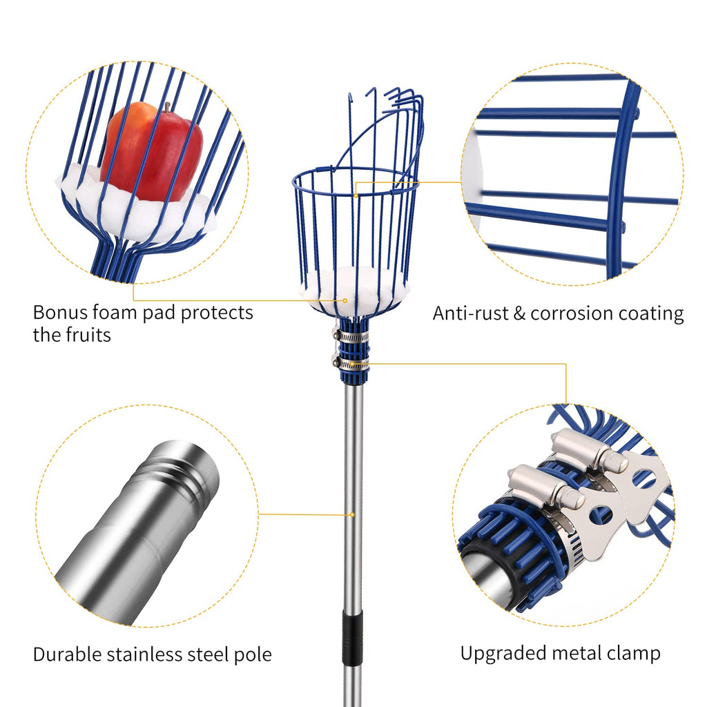 Oak Leaf Fruit Picker, 13 FT Picker Pole with Basket, Length Adjustable Apple Orange Picker Tool Tree Fruit Catcher with Lightweight Stainless Steel Connecting Pole, Foam Pad, 2 Metal Clamp(Upgraded)
