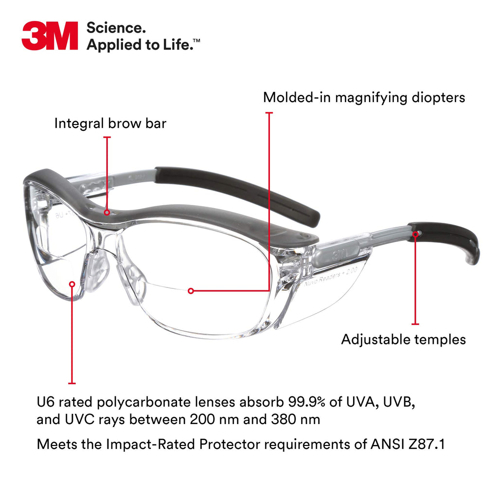 3M Safety Glasses with Readers, Nuvo Readers, +2.0 Diopter, Pack of 1, ANSI Z87, Clear Lens, Gray Frame, Soft Nose Bridge, Side Shields
