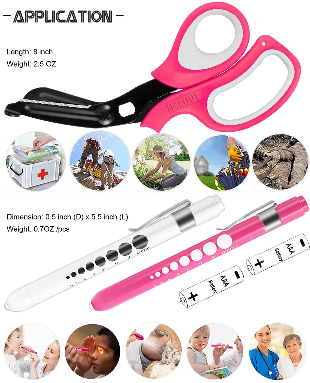 MEUUT 3 Pack Pen light & Medical Scissors-One Pantented Trauma Scissor Two LED Penlight with Pupil Gauge -8" Bandage Scissor for Nurse Doctor EMT