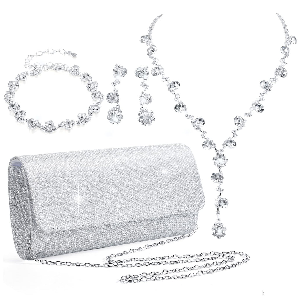 Meanplan 4 Pcs Silver Clutch Purse Jewelry Set for Women, Elegant Style
