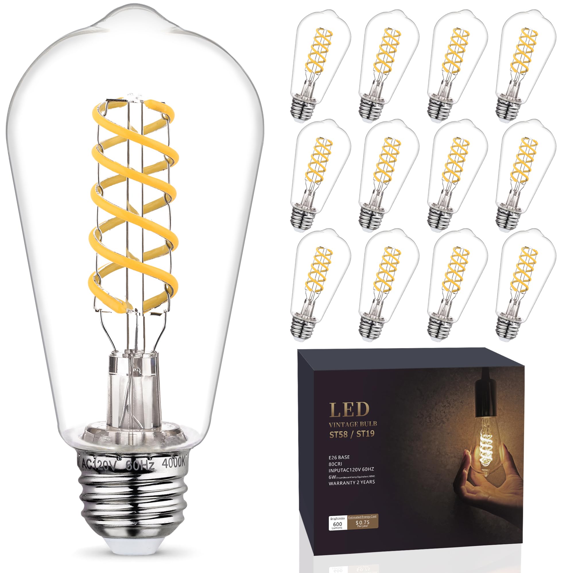 EMYMLITE 12 - Pack 60 Watt Equivalent Edison Light Bulbs, E26 Shatterproof LED Filament Light Bulbs, Neutral White 4000K, Dimmable, Antique Filament Decorative Light Bulbs, ST19/ST58 LED Edison Bulb