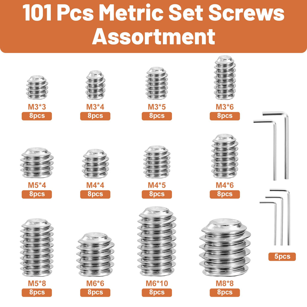 101-Pcs Metric Set Screw Assortment Kit, 304 Stainless Steel, M3-M8