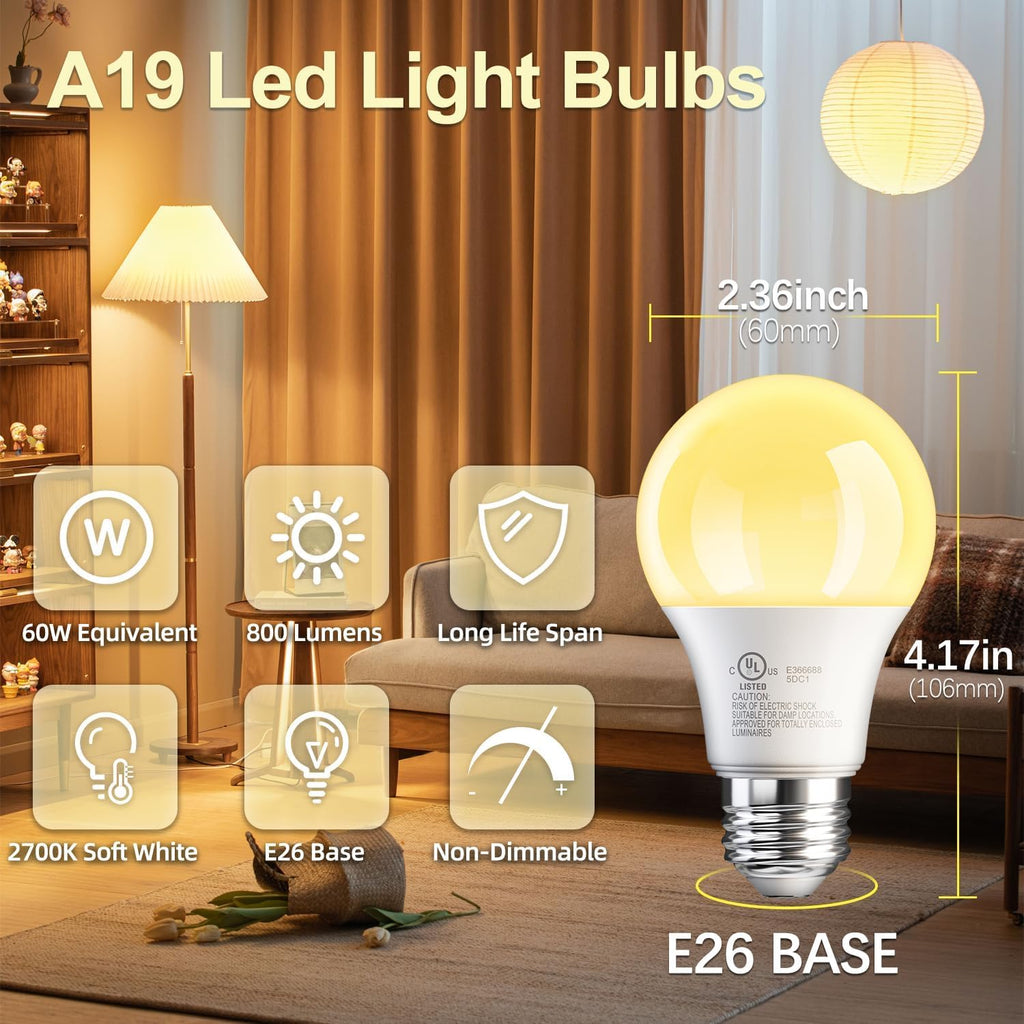 TJOY A19 48 Pack LED Light Bulbs 60W Soft White 2700K, 9Watt Efficient, 60 Watt Equivalent, 800 Lumens, E26 Medium Base, Non-Dimmable Energy Saving Lightbulb, 80 CRI, 120V, UL Listed
