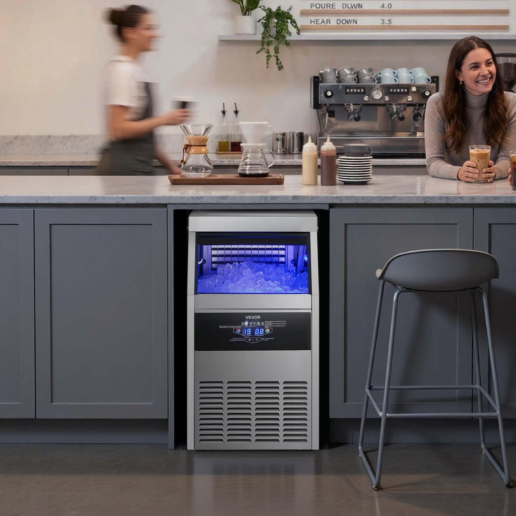 VEVOR Commercial Ice Maker Machine, 150 lbs/24h with 16-30 lbs Storage Capacity, Built-in/Freestanding/Under Counter, Stainless Steel Ice Maker with LED Display & Self-Cleaning, Home Bar Restaurant