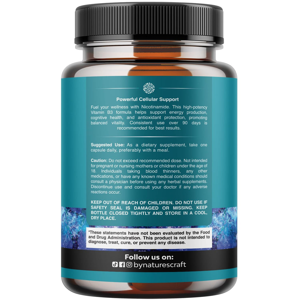 Vitamin B3 Niacinamide 500mg Capsules - Mitochondrial Energy and Potent Skin Supplement - AKA Vitamin B3 Niacin Flush Free and Nicotinamide 500mg - Flush Free Niacin Supplement - 180 Count