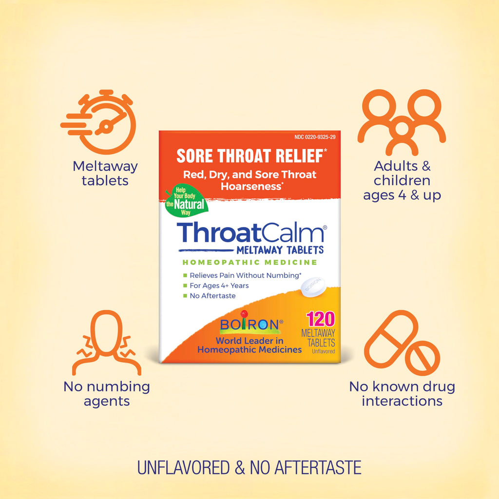 Boiron ThroatCalm Tablets for Relief of Sore Throat, Scratchy, Red or Dry Throat, and Hoarseness - 120 Count