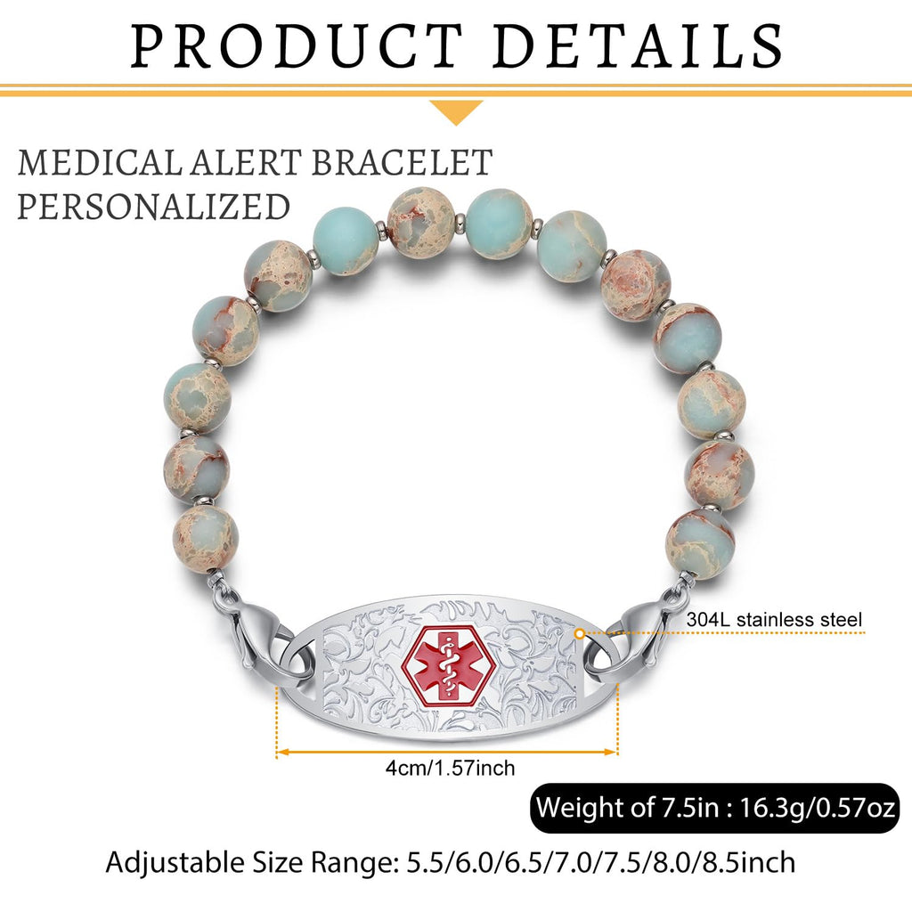 JFJEWER Medical Alert Bracelets for Women Men, Personalized ID Bracelets Free Engraving, Colorful Natural Stone Beaded Medical Bracelets