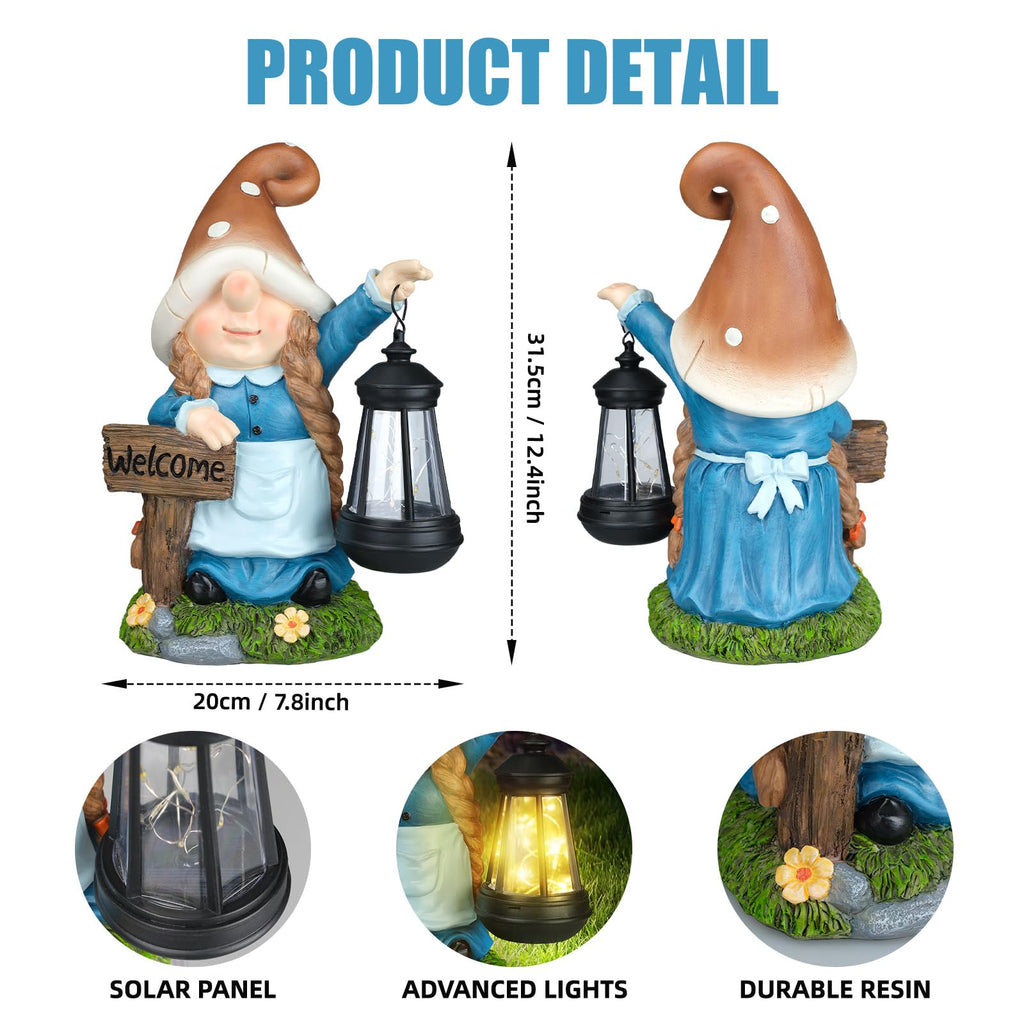 FLJZCZM Solar Large Gnome Garden Statue with LED Lantern Welcome Sign Blue