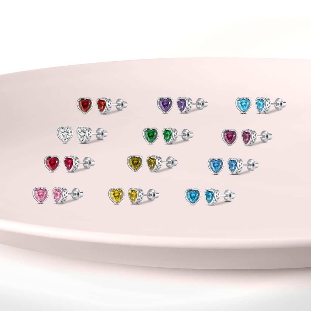 Heart Birthstone Screw Back Earrings, 925 Sterling Silver Hypoallergenic (June)