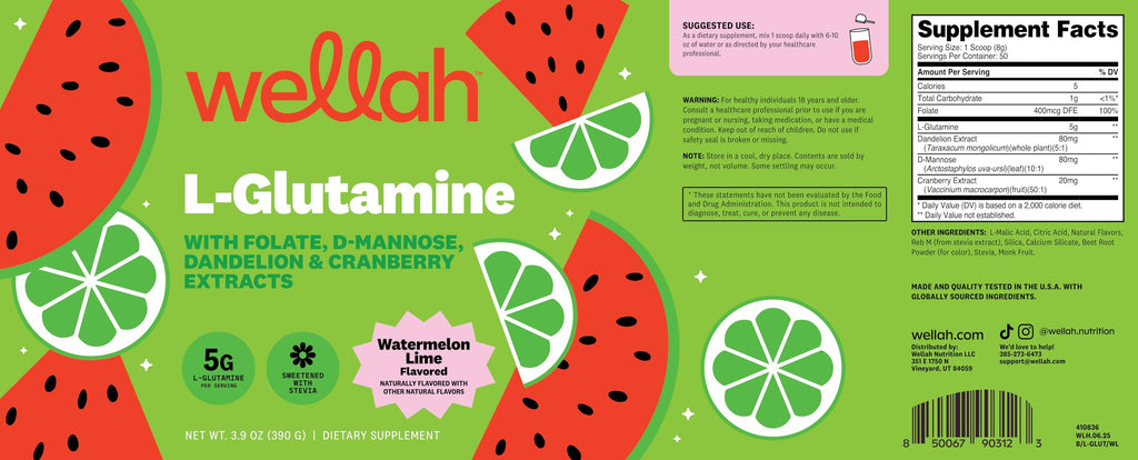 Wellah L-Glutamine Powder Watermelon Lime (50 Servings) - 5g L-Glutamine Per Serving, Sweetened with Stevia