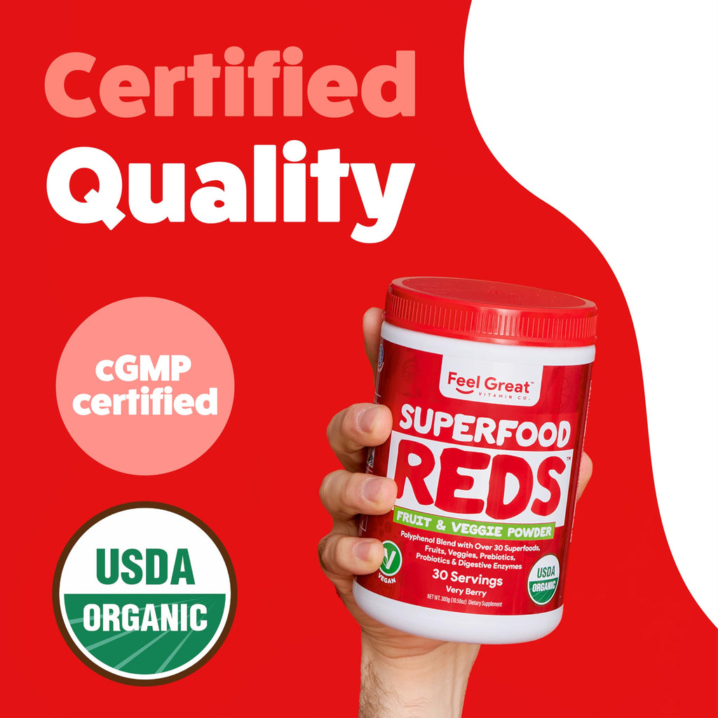 Feel Great Organic Superfood Reds Powder Packed with Beet Root Powder | Digestive Support Including Bloating Relief | Fruit and Veggie Polyphenols Supplement.