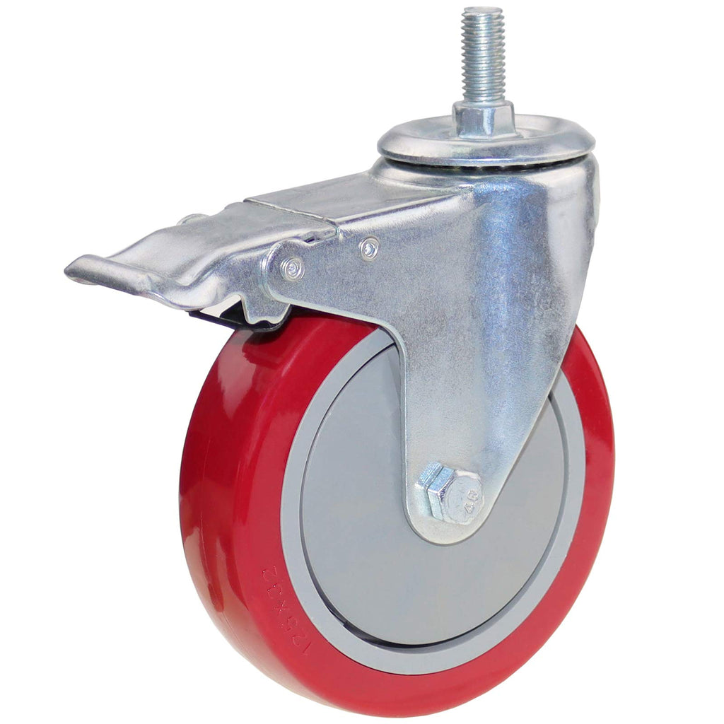 DICASAL 5 Inch Heavy Duty Stem Casters 360 Degree Swivel Thread Wheels with Metric Size M12-1.75 Screw Bolt Double Locking Brake Castor Wheel Load Capacity Upto 1200 Lbs Pack of Four
