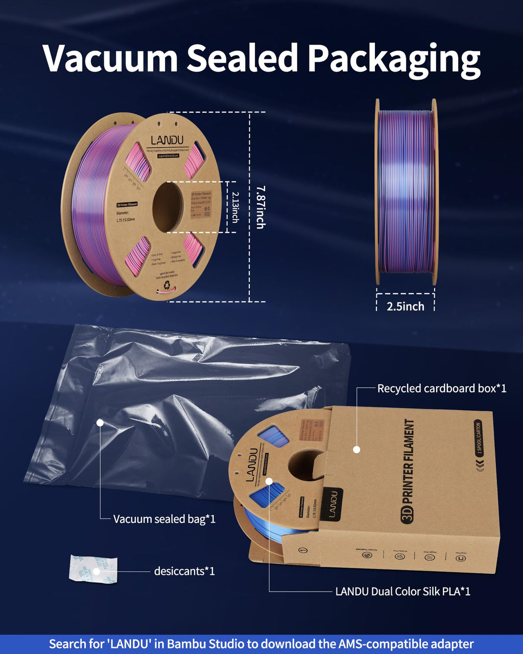 LANDU Silk Dual Color PLA Filament 1.75mm 1KG, 3D Printer Filament Dimensional Accuracy +/- 0.02mm, Coextrusion Filament PLA Shiny Filament Fits for Most FFF 3D Printers,1KG Spool,Gold Silver