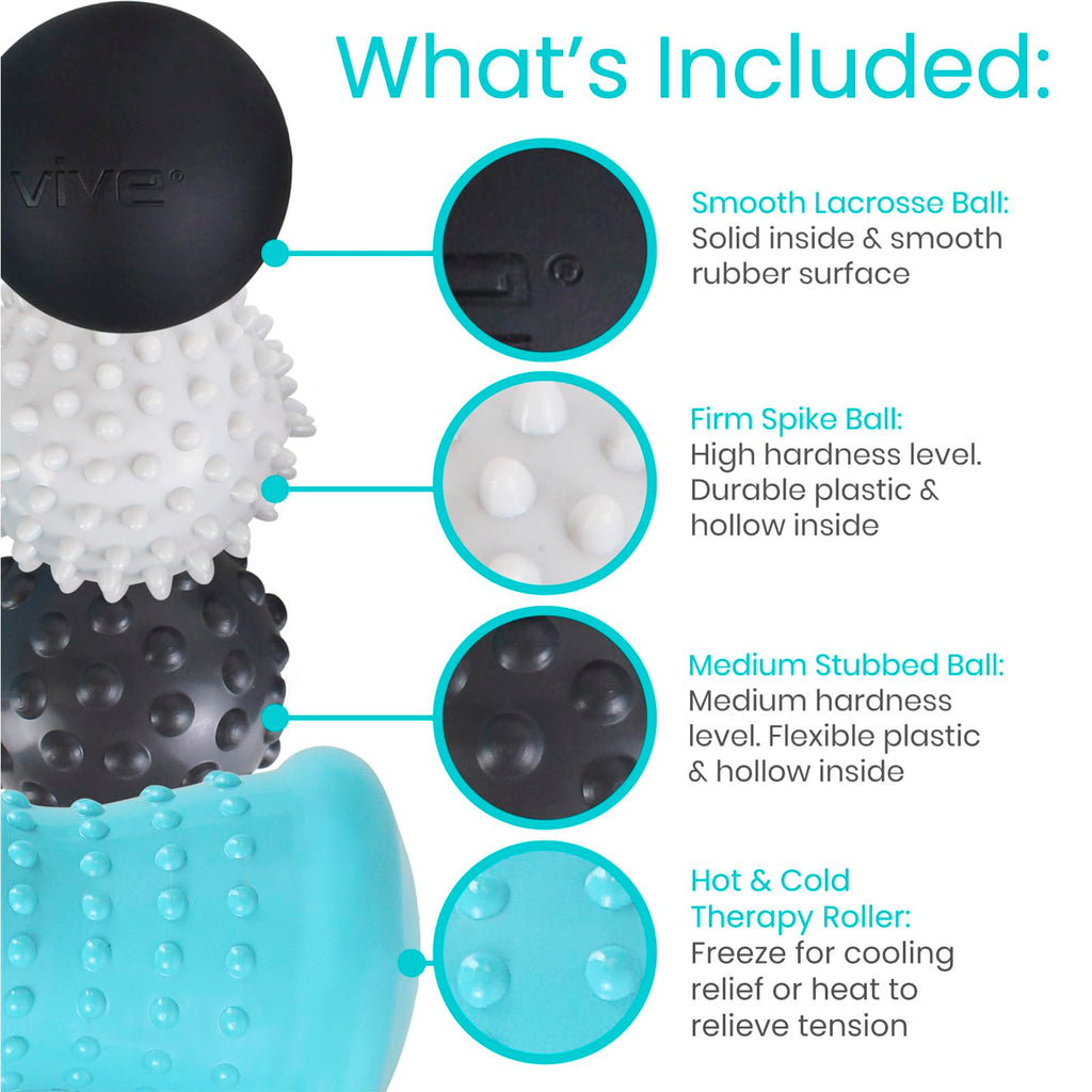 Vive Massage Ball Set (4 Piece) - Plantar Fasciitis Relief Foot Pain Hot Cold Therapy - Heel Spur, Sore Muscle, Trigger Point, Back, Arm, Neck, Shoulder, Leg Circulation Roller