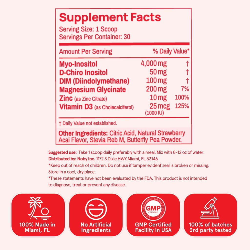 Peach Perfect Inositol Powder Multivitamin, Strawberry Acai Flavor – 3 – Supports Women’s Health, 30 SVG