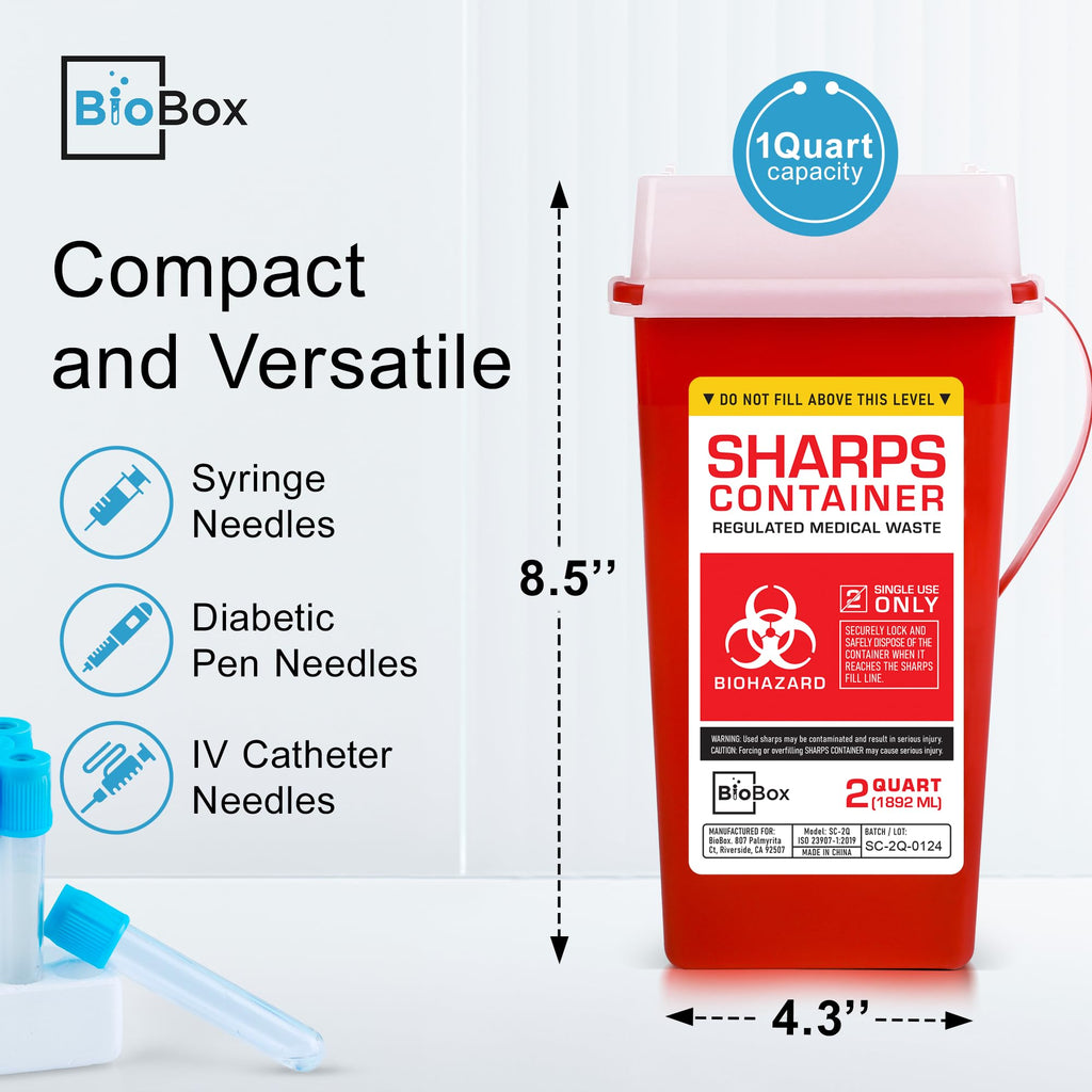Sharps Container Small - Sharps Containers for Home Use and Labs - Portable Needle Disposal and Travel Size Biohazard Bin - 2 Quart (Pack of 3)