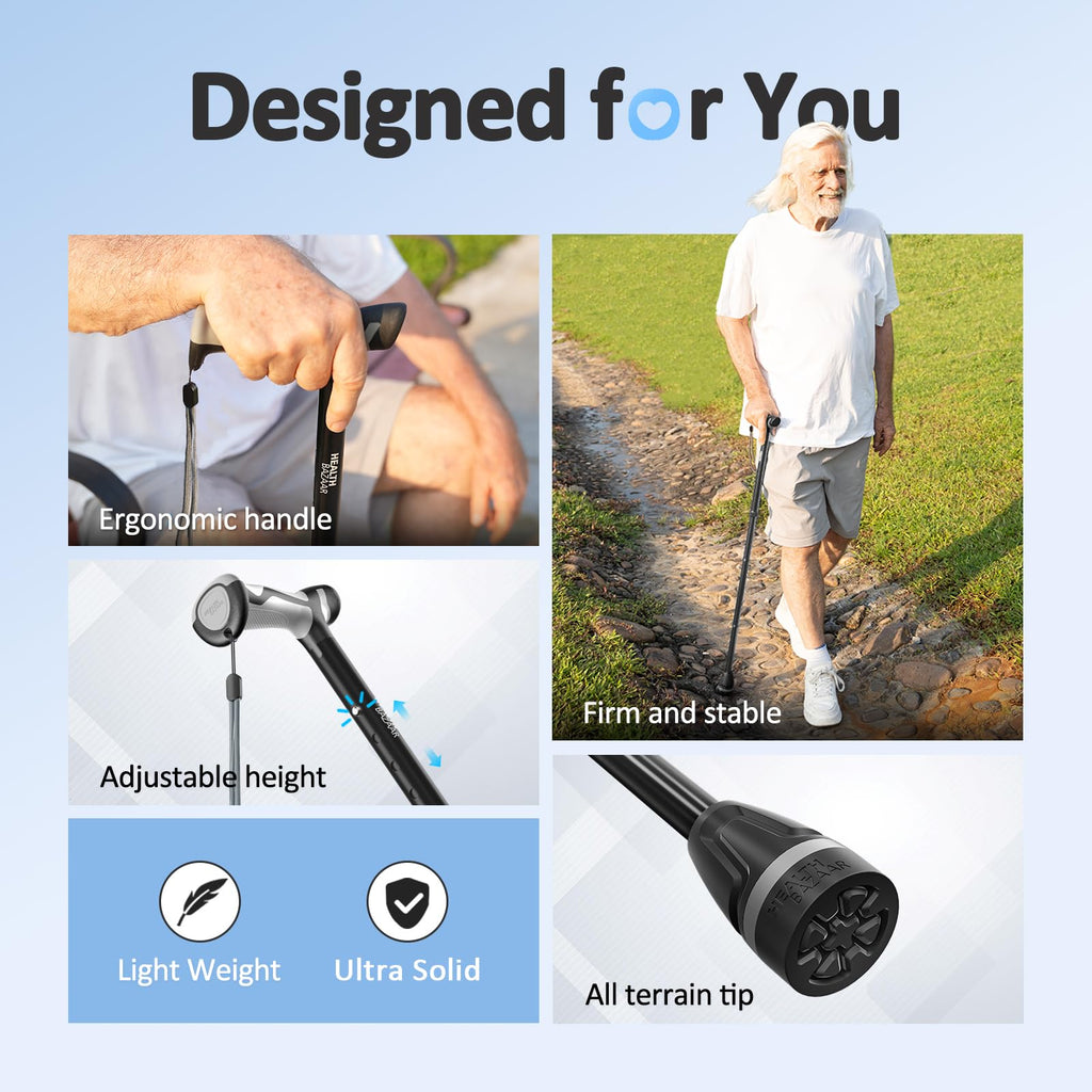 HEALTHBAZAAR Walking Cane for Men & Women, Foldable Cane with Shock Absorption - Adjustable, Lightweight Collapsible Walking Stick for Seniors & Adults, Comfort Grip Handle, Heavy Duty All Terrain Tip
