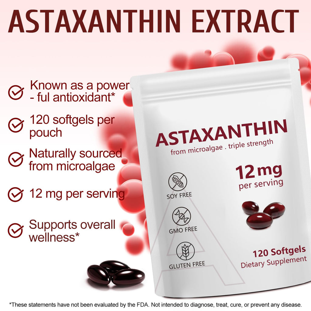 2 Pack Astaxanthin 12mg,Premium Astaxanthin Antioxidant Supplements with Antioxidant Activity, Supports Eye, Immune, Joint, Skin Health, Internal Circulation