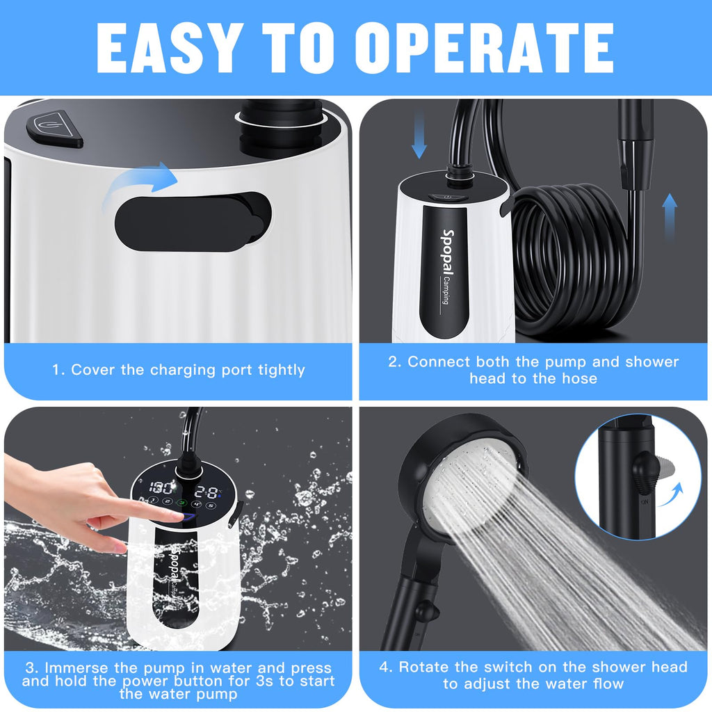 Spopal Portable Shower for Camping, [Upgraded] 10000mAh Rechargeable Camping Shower with 5 Adjustable Speeds,Premium LED Display, IPX8 Waterproof Outdoor Shower Kit for Hiking, Car, Pet, Travel (W)
