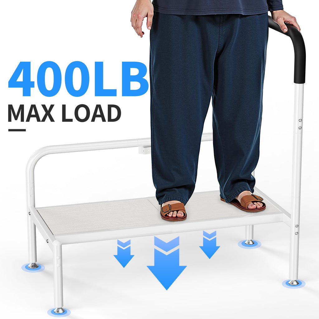 Josmimic Bed Step Stool for Adults, Bedside Steps for Elderly Seniors with Non-Slip Handle & LED Light, Stable Assist Rail for High Beds