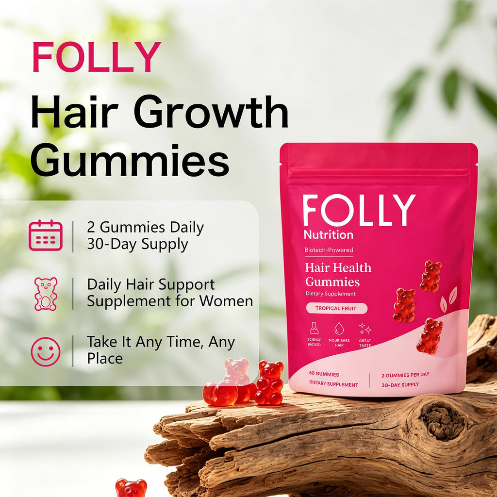 Grow Spark Folly Hair Growth Gummies, Tropical Fruit Hair Vitamins with Biotin, Vitamin C, Zinc, Pumpkin Seed Oil & Botanical Complex, Daily Beauty Supplement for Women, 60 Gummies
